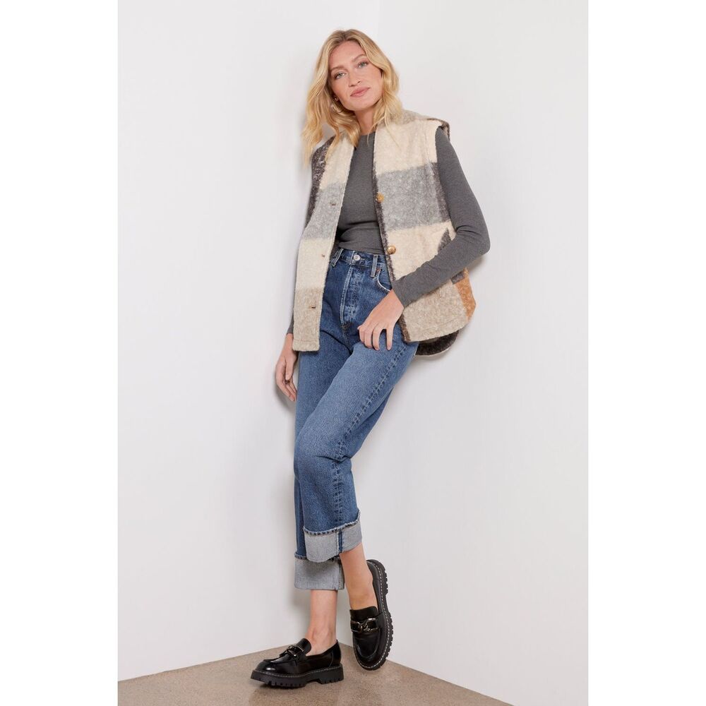 Blank NYC Plaid Colorblock Vest in Cream, Gray & Brown